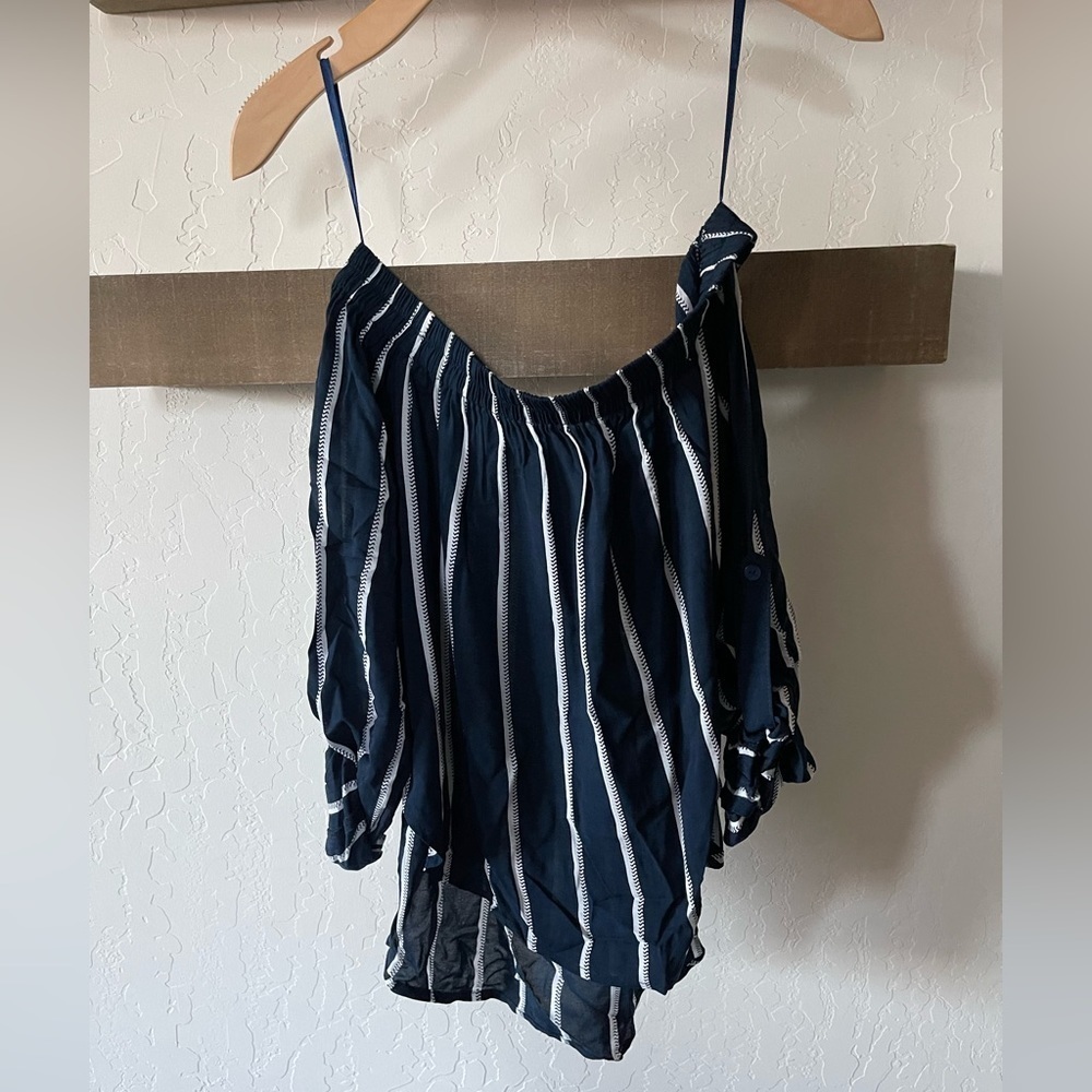 Faithfull The Brand| Off the Shoulder Striped Navy Blouse, Size XS•••Boho Style